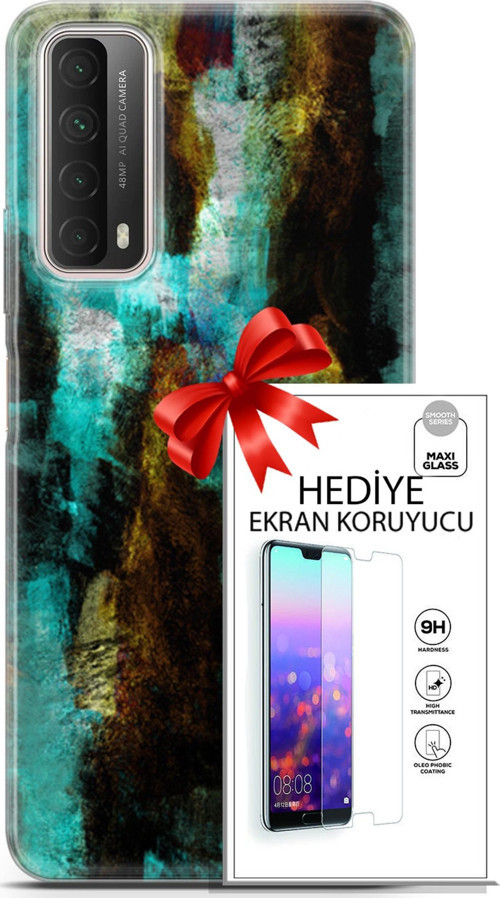 Huawei P Smart 2021 Kılıf Orijinal Seri Nature 12 Kahve Yeşil Tasarım Kılıf + Ekran Koruyucu