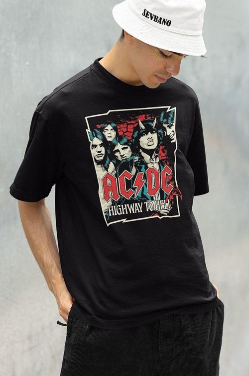 Rock Metal Müzik Grubu AC DC Baskılı Unisex Tişört, Oversize Highway To Hell Tişört
