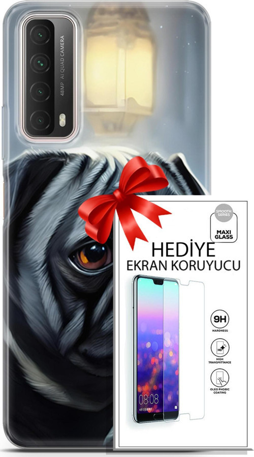 Huawei P Smart 2021 Kılıf Orijinal Seri Dogs 30 Pug Kenarları Şeffaf Kapak Ve Ekran Koruyucu