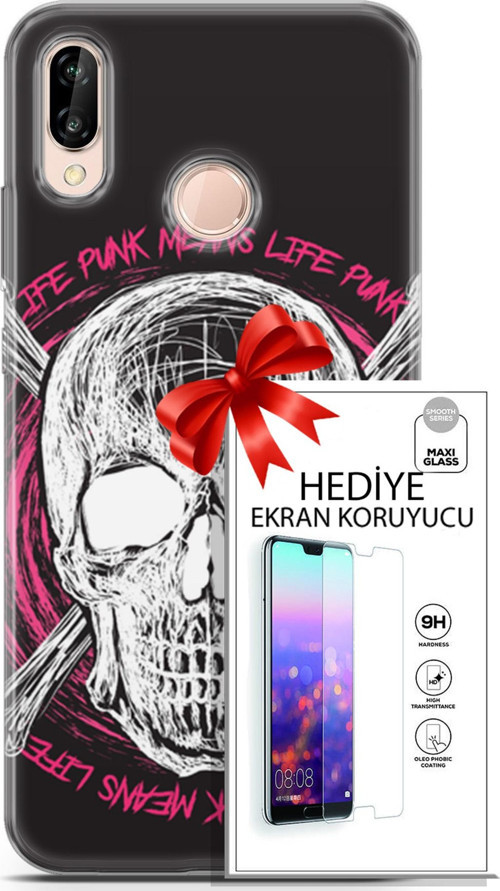 Huawei P20 Lite Kılıf Orijinal Seri Punky 10 Punk Kurukafa Full Hd Kılıf + Ekran Koruyucu