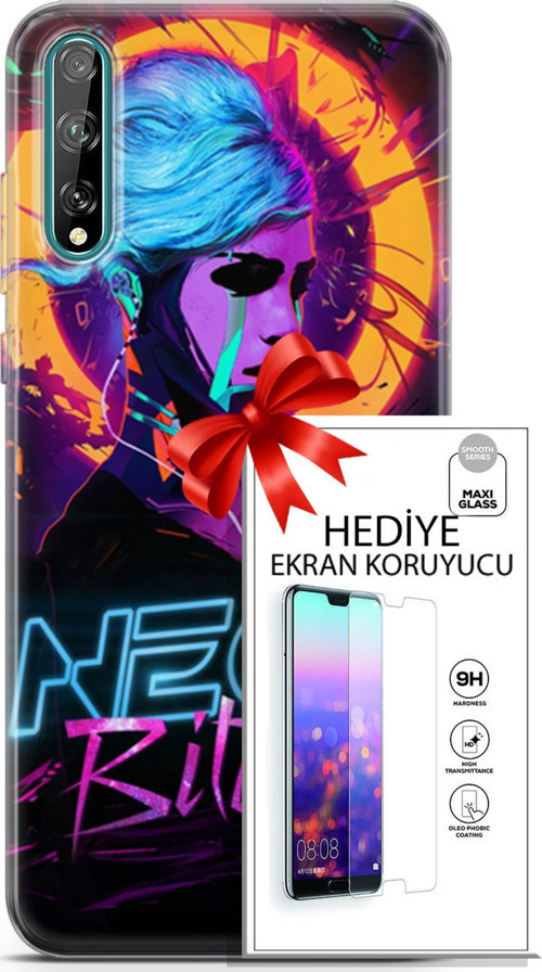 Huawei P Smart S 2020 Kılıf Orijinal Seri Cyberpunk 25 Neon Soyulmayan Kılıf + Ekran Koruyucu Full Koruma