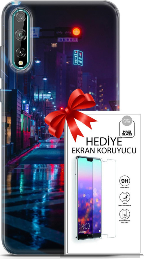 Huawei P Smart S 2020 Kılıf Orijinal Seri Cyberpunk 15 Neon Cadde Kalın Silikon + Ekran Koruyucu