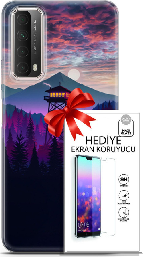 Huawei P Smart 2021 Kılıf Orijinal Seri Fantasy 17 Orman Kule Yumuşak Kılıf + Ekran Koruyucu