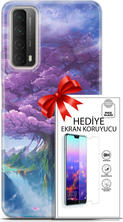 Huawei P Smart 2021 Kılıf Orijinal Seri Fantasy 27 Bahar Ağaç Lazer Kesim Silikon Ekran Koruyucu