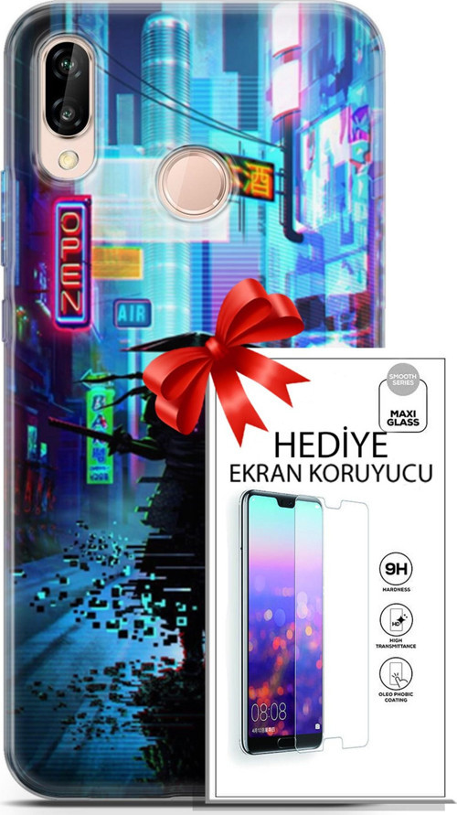 Huawei P20 Lite Kılıf Orijinal Seri Cyberpunk 29 Open Leke Tutmaz Kapak + Ekran Koruyucu