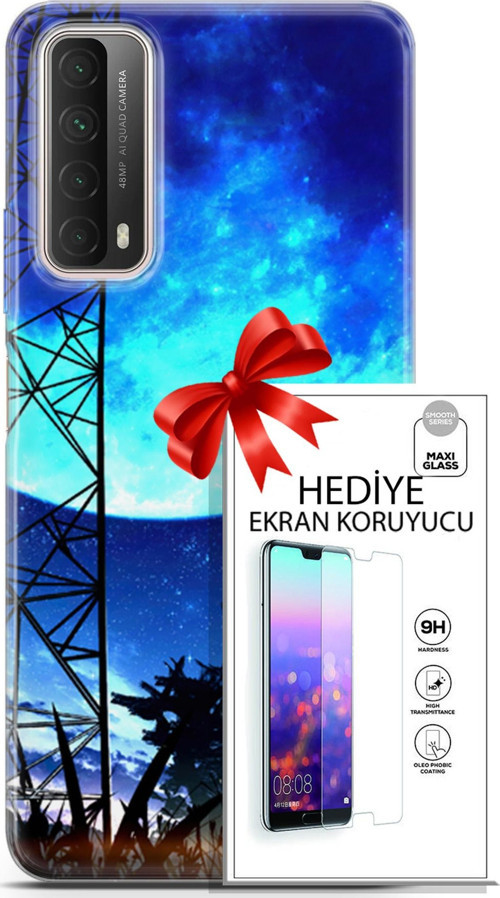Huawei P Smart 2021 Kılıf Orijinal Seri Fantasy 24 Mavi Ay Darbe Emici Kılıf + Ekran Koruyucu