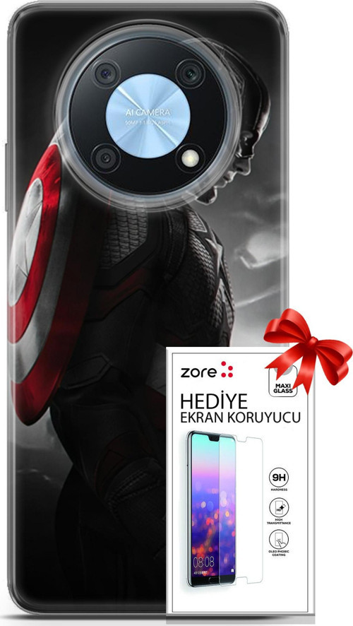 Huawei Nova Y90 Kılıf Orijinal Seri Supers 18 Captain America Parlak Kılıf + Ekran Koruyucu Full Koruma