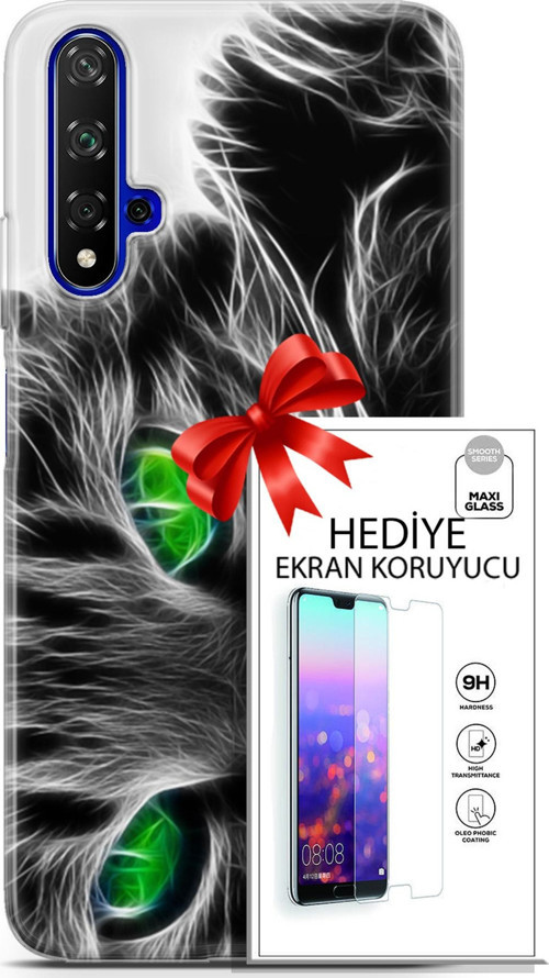 Huawei Nova 5T Kılıf Orijinal Seri Scotish-British 27 Yeşil Gözlü Kedi Lazer Kesim Silikon Ekran Koruyucu