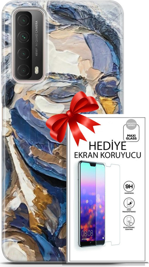 Huawei P Smart 2021 Kılıf Orijinal Seri Soul 06 Mavi Yüz Koruyucu Kapak Ekran Koruyucu