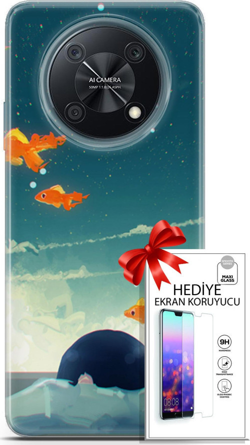 Huawei Nova Y90 Kılıf Orijinal Seri Algorand 29 Uçan Balıklar Leke Tutmaz Kapak + Ekran Koruyucu