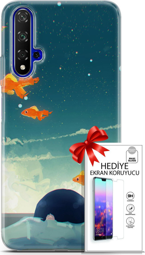 Huawei Nova 5T Kılıf Orijinal Seri Algorand 29 Uçan Balıklar Leke Tutmaz Kapak + Ekran Koruyucu