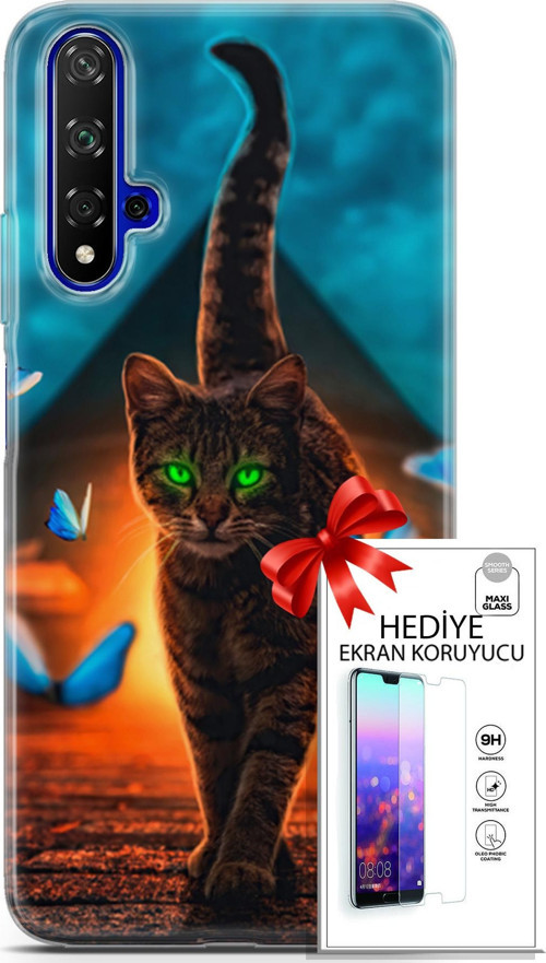 Huawei Nova 5T Kılıf Orijinal Seri Algorand 09 Yeşil Neon Kedi Uv Kılıf Ve Ekran Koruyucu