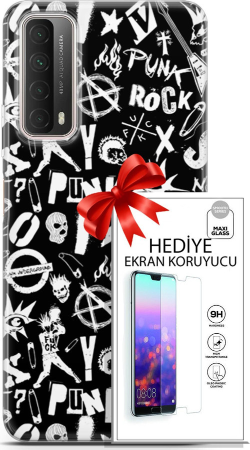 Huawei P Smart 2021 Kılıf Orijinal Seri Punky 18 Rock Punk Parlak Kılıf + Ekran Koruyucu Full Koruma
