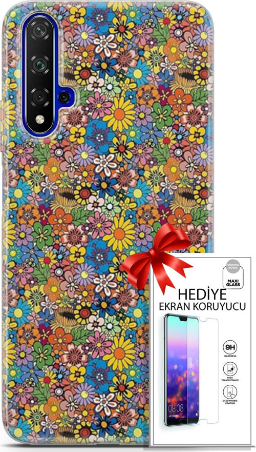 Huawei Nova 5T Kılıf Orijinal Seri Cardano 06 Küçük Çiçekler Koruyucu Kapak Ekran Koruyucu