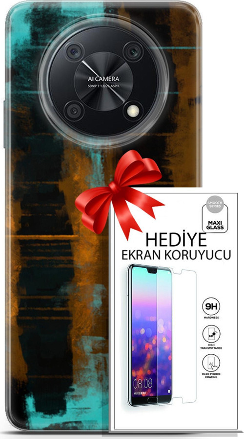 Huawei Nova Y90 Kılıf Orijinal Seri Nature 05 Turkuaz Siyah Koruma Kılıfı + Ekran Koruyucu