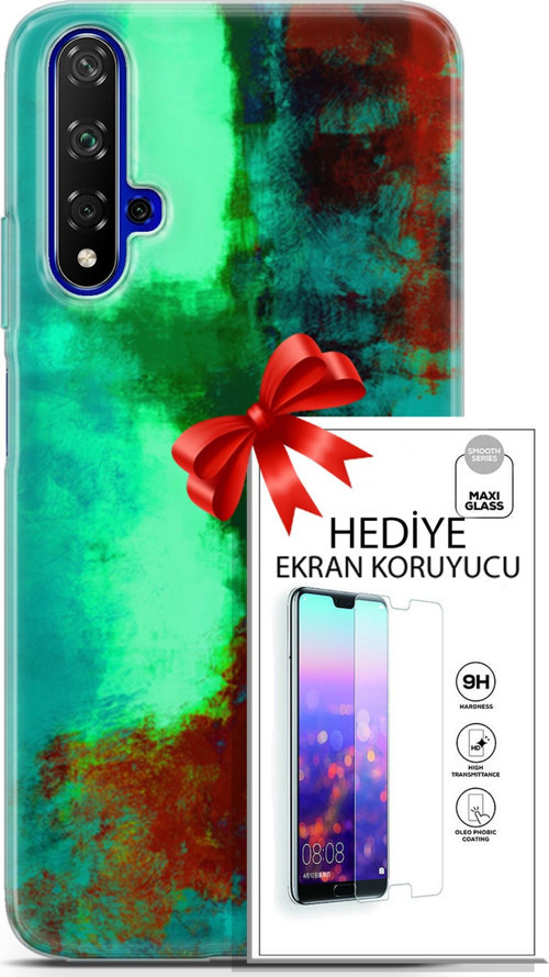 Huawei Nova 5T Kılıf Orijinal Seri Nature 20 Yeşil Kahve Renkli Kılıf Ekran Koruyucu