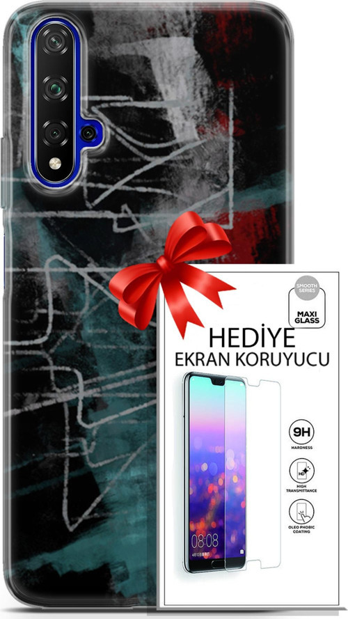 Huawei Nova 5T Kılıf Orijinal Seri Nature 07 Gri Çizgiler Desenli Kılıf + Ön Ekran Koruyucu