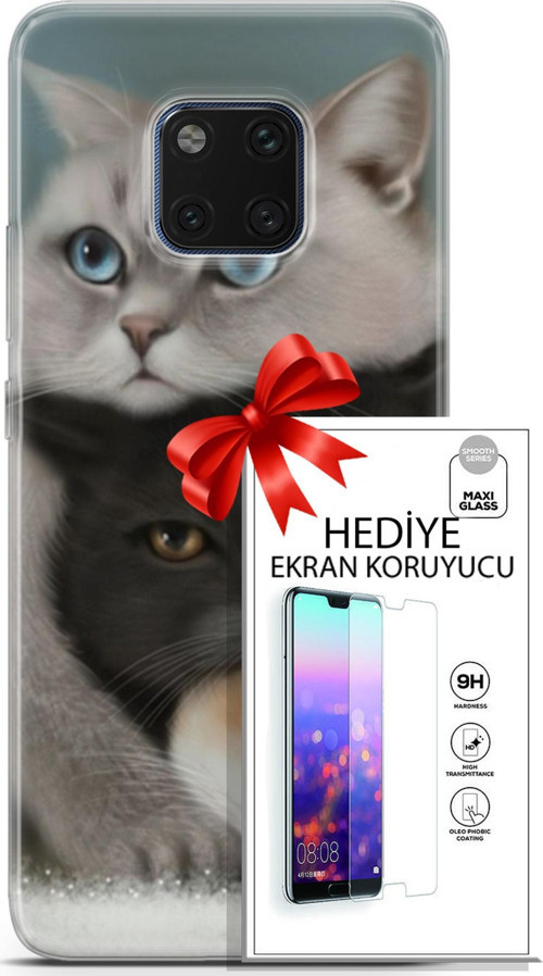 Huawei Mate 20 Pro Kılıf Orijinal Seri Scotish-British 13 Beyaz Gri Kahve Kediler Case Kapak Ekran Koruyucu