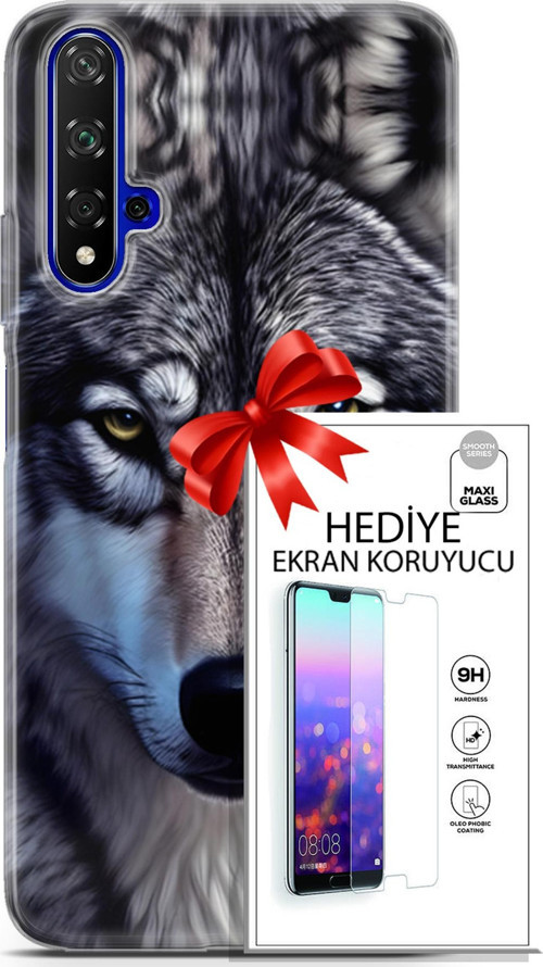 Huawei Nova 5T Kılıf Orijinal Seri Dogs 07 Kurt Yüz Desenli Kılıf + Ön Ekran Koruyucu