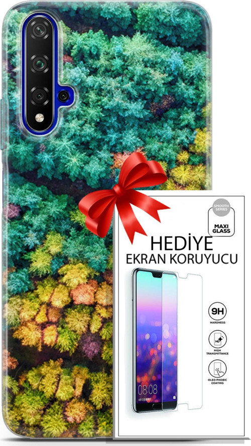Huawei Nova 5T Kılıf Orijinal Seri Fantasy 08 Kuşbakışı Orman Baskılı Kılıf + Ekran Koruyucu