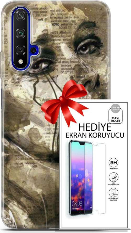 Huawei Nova 5T Kılıf Orijinal Seri Soul 17 Ağlayan Yüz Yumuşak Kılıf + Ekran Koruyucu