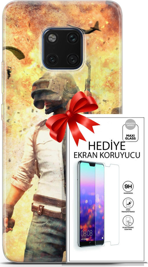 Huawei Mate 20 Pro Kılıf Orijinal Seri Pubg 29 Uçak Paraşüt Leke Tutmaz Kapak + Ekran Koruyucu