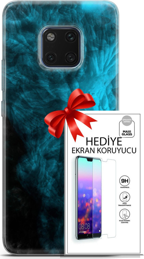 Huawei Mate 20 Pro Kılıf Orijinal Seri Nature 15 Mavi Taşlar Kalın Silikon + Ekran Koruyucu