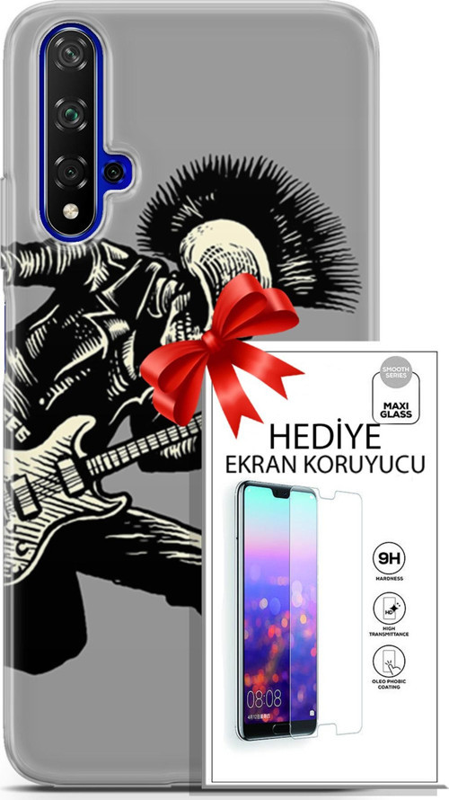 Huawei Nova 5T Kılıf Orijinal Seri Punky 07 Punk Gitarist Desenli Kılıf + Ön Ekran Koruyucu