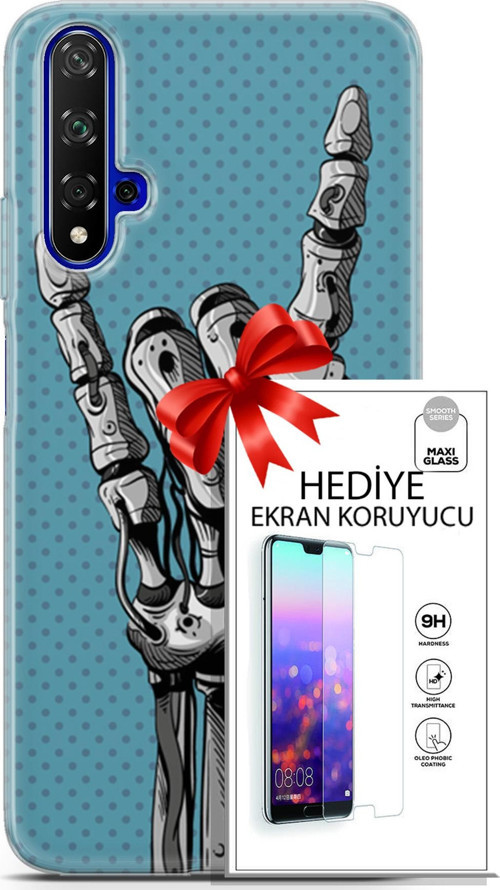 Huawei Nova 5T Kılıf Orijinal Seri Cyberpunk 07 Robot Eli Desenli Kılıf + Ön Ekran Koruyucu
