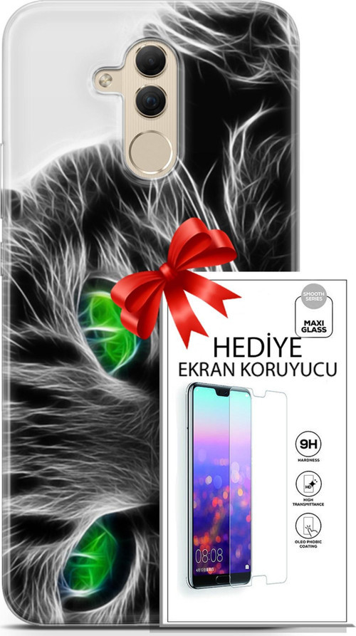 Huawei Mate 20 Lite Kılıf Orijinal Seri Scotish-British 27 Yeşil Gözlü Kedi Lazer Kesim Silikon Ekran Koruyucu