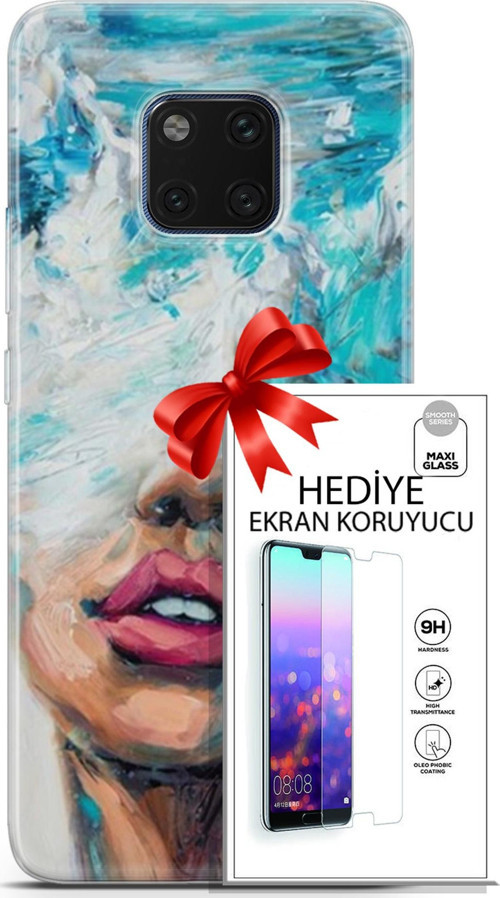 Huawei Mate 20 Pro Kılıf Orijinal Seri Soul 12 Beyaz Mavi Tasarım Kılıf + Ekran Koruyucu
