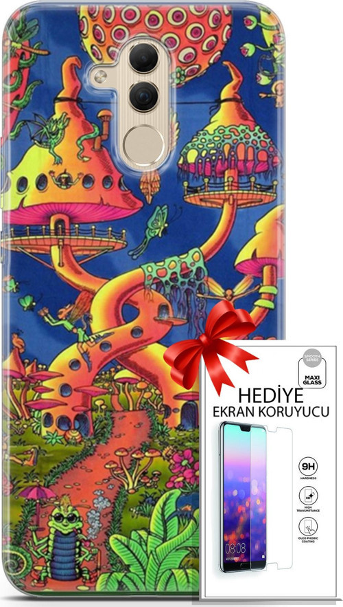 Huawei Mate 20 Lite Kılıf Orijinal Seri Cardano 05 Mantar Evler Koruma Kılıfı + Ekran Koruyucu