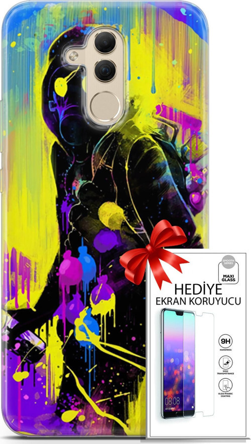 Huawei Mate 20 Lite Kılıf Orijinal Seri Cardano 19 Sarı Mavi Mor Tam Koruma Kılıf + Ekran Koruyucu