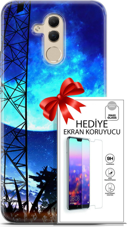 Huawei Mate 20 Lite Kılıf Orijinal Seri Fantasy 24 Mavi Ay Darbe Emici Kılıf + Ekran Koruyucu