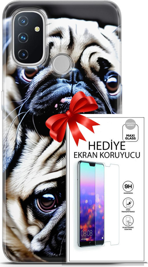 Oneplus Nord N100 Kılıf Orijinal Seri Dogs 20 İkili Pug Renkli Kılıf Ekran Koruyucu