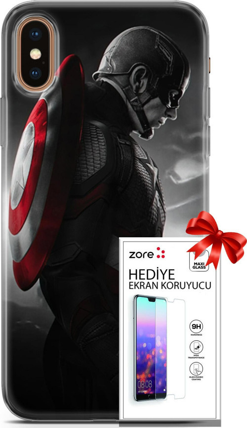 Apple İphone Xs Max Kılıf Orijinal Seri Supers 18 Captain America Parlak Kılıf + Ekran Koruyucu Full