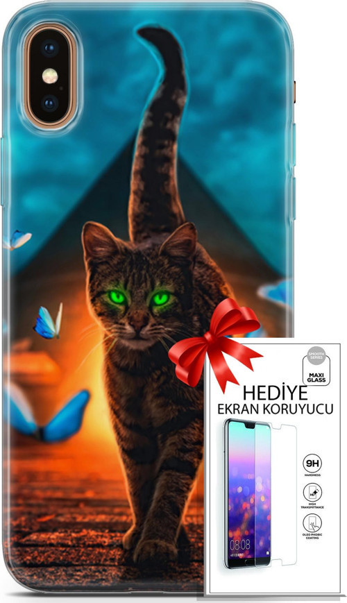 Apple İphone Xs Max Kılıf Orijinal Seri Algorand 09 Yeşil Neon Kedi Uv Kılıf Ve Ekran Koruyucu