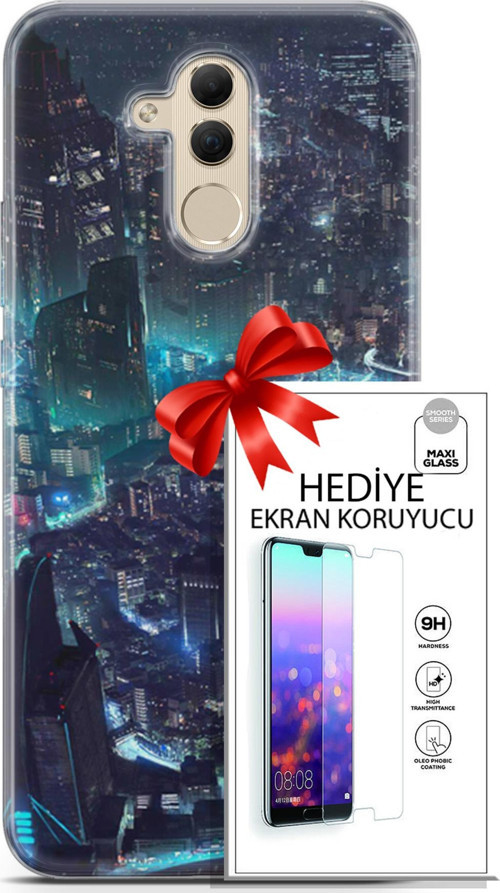 Huawei Mate 20 Lite Kılıf Orijinal Seri Cyberpunk 17 Işıklı Şehir Yumuşak Kılıf + Ekran Koruyucu