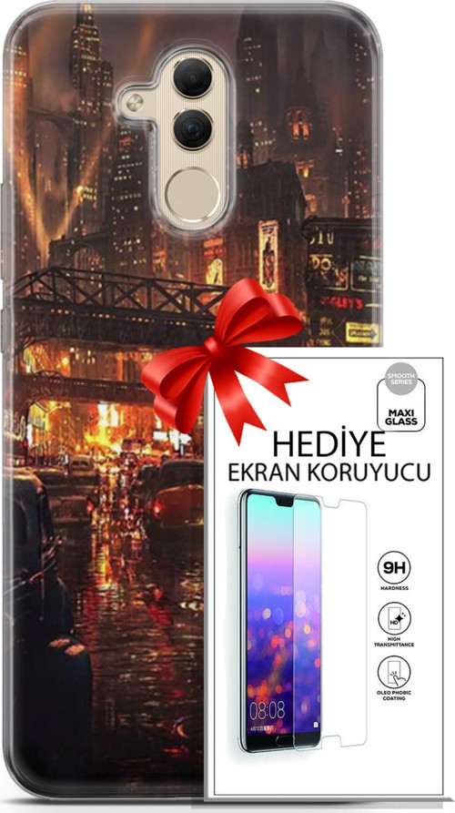 Huawei Mate 20 Lite Kılıf Orijinal Seri Cyberpunk 23 Gökdelenler Telefon Kabı Ve Ekran Koruyucu
