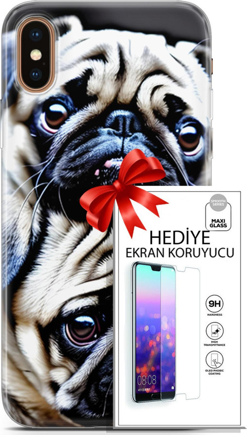Apple İphone Xs Max Kılıf Orijinal Seri Dogs 20 İkili Pug Renkli Kılıf Ekran Koruyucu