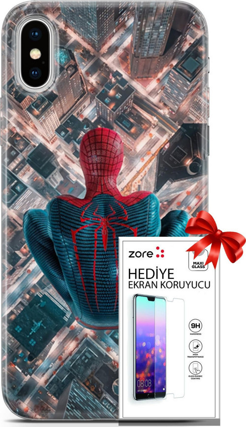 Apple İphone X - Xs Kılıf Orijinal Seri Supers 07 Spider Man Newyork Desenli Kılıf + Ön Ekran Koruyucu