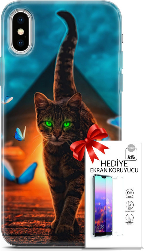 Apple İphone X - Xs Kılıf Orijinal Seri Algorand 09 Yeşil Neon Kedi Uv Kılıf Ve Ekran Koruyucu