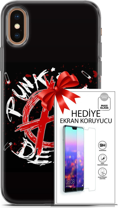 Apple İphone Xs Max Kılıf Orijinal Seri Punky 15 Punk'S Not Dead Kalın Silikon + Ekran Koruyucu