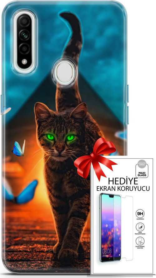 Oppo A31 Kılıf Orijinal Seri Algorand 09 Yeşil Neon Kedi Uv Kılıf Ve Ekran Koruyucu