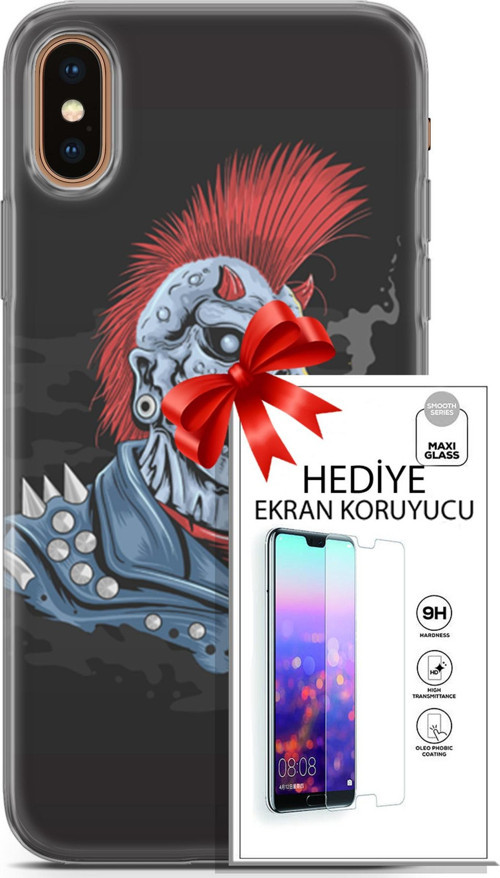 Apple İphone Xs Max Kılıf Orijinal Seri Punky 04 Punk Skeleton Silikon Kılıf + Ekran Koruyucu Full Koruma