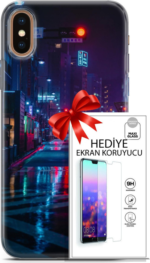 Apple İphone Xs Max Kılıf Orijinal Seri Cyberpunk 15 Neon Cadde Kalın Silikon + Ekran Koruyucu