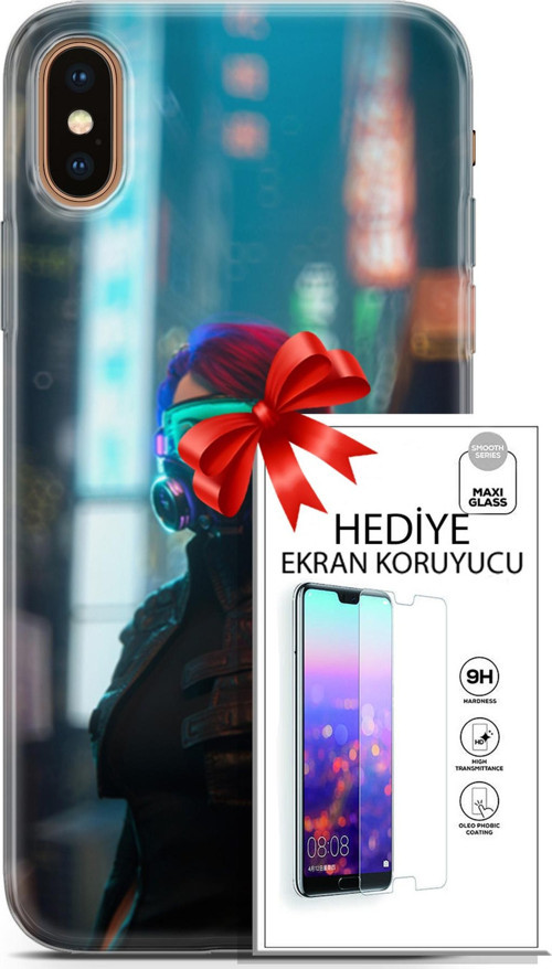 Apple İphone Xs Max Kılıf Orijinal Seri Cyberpunk 04 Vr Glass Silikon Kılıf + Ekran Koruyucu Full Koruma