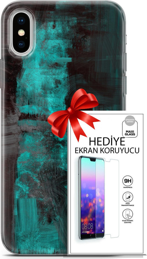Apple İphone X - Xs Kılıf Orijinal Seri Nature 11 Yeşil Siyah 4K Baskılı Kılıf + Ekran Koruyucu Full