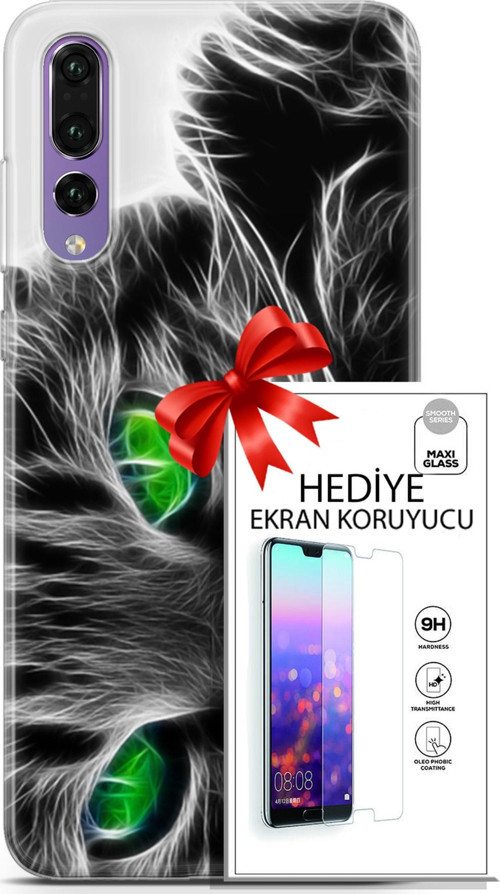 Huawei P20 Pro Kılıf Orijinal Seri Scotish-British 27 Yeşil Gözlü Kedi Lazer Kesim Silikon Ekran Koruyucu
