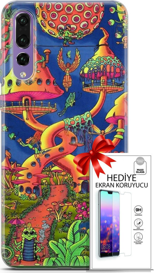 Huawei P20 Pro Kılıf Orijinal Seri Cardano 05 Mantar Evler Koruma Kılıfı + Ekran Koruyucu